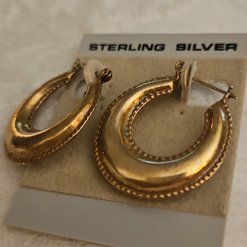 Vintage 1980s Sterling Silver Puff Creole Hoop Huggie Earrings